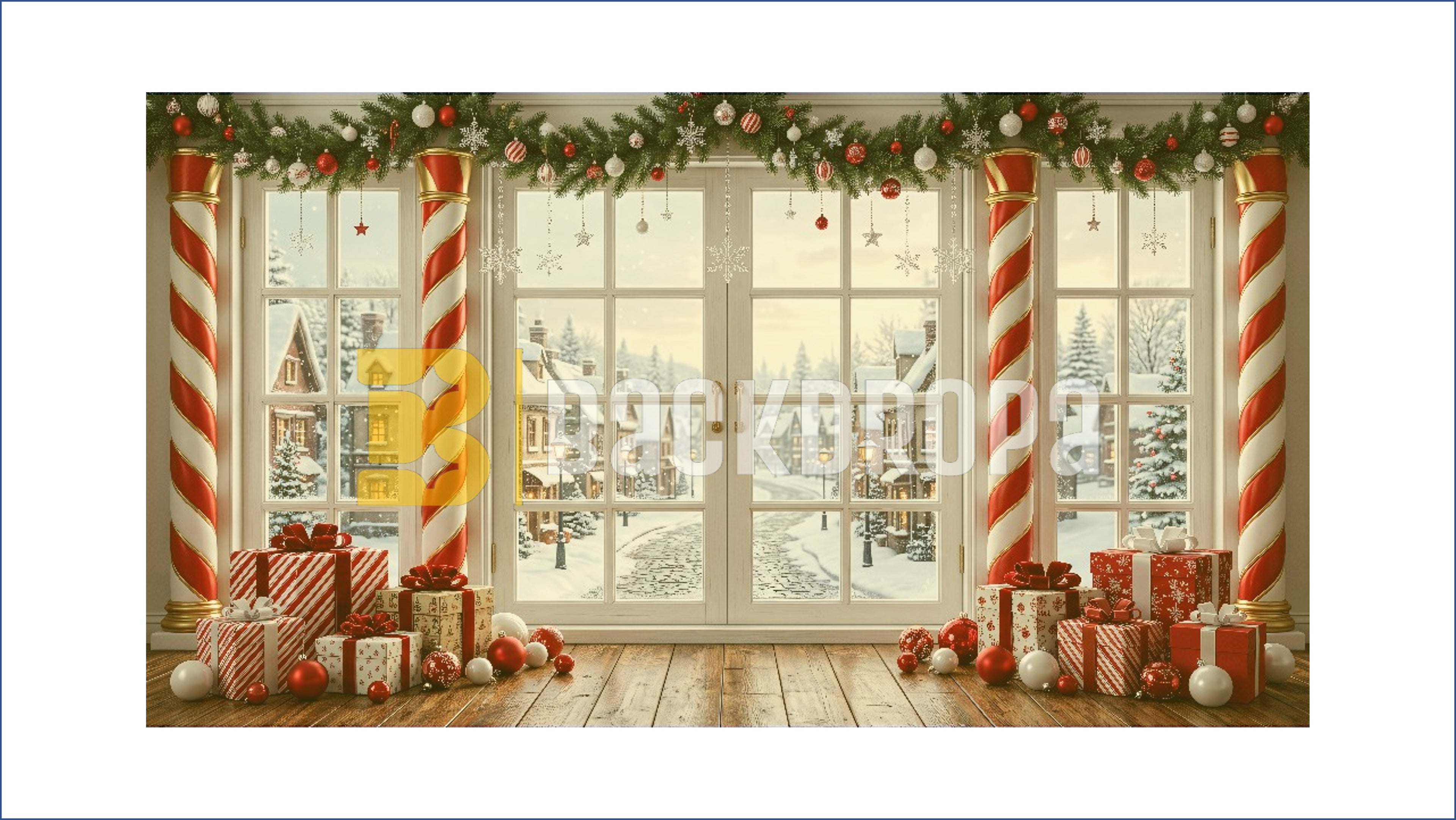 CHRISTMAS WINTER WINDOW WITH CANDY CANE & GIFT DECOR BACKDROP FOR FESTIVE PHOTOGRAPHY