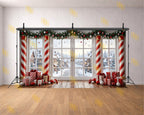 CHRISTMAS WINTER WINDOW WITH CANDY CANE & GIFT DECOR BACKDROP FOR FESTIVE PHOTOGRAPHY