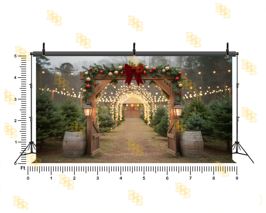 CHRISTMAS LIGHT TUNNEL WITH FESTIVE WOODEN GATE BACKDROP FOR HOLIDAY PHOTOGRAPHY