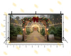 CHRISTMAS LIGHT TUNNEL WITH FESTIVE WOODEN GATE BACKDROP FOR HOLIDAY PHOTOGRAPHY