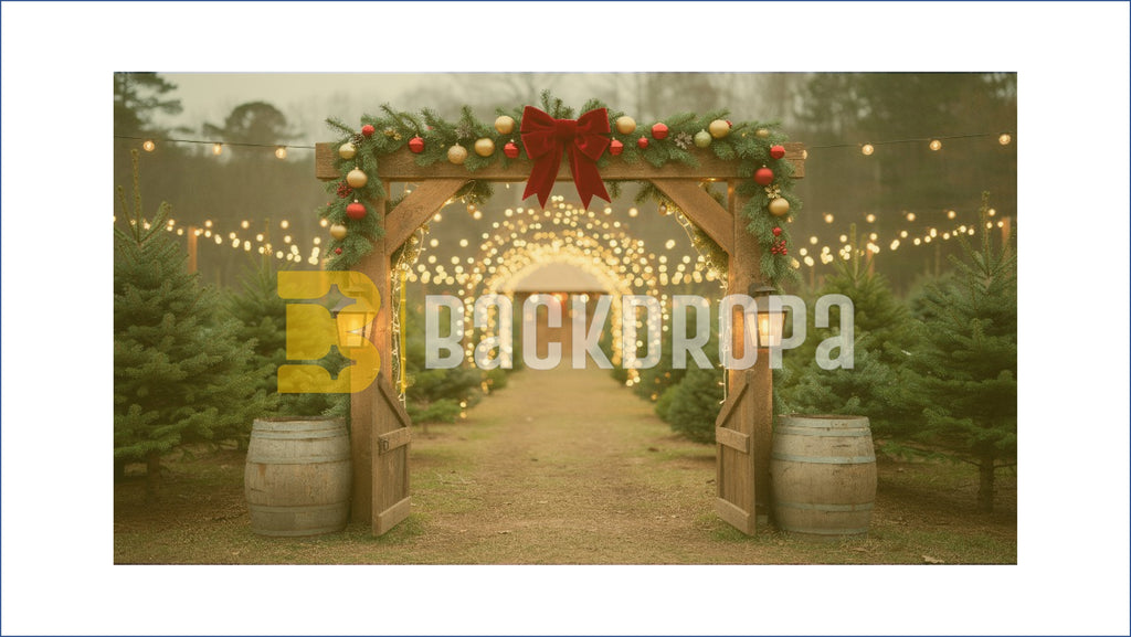 CHRISTMAS LIGHT TUNNEL WITH FESTIVE WOODEN GATE BACKDROP FOR HOLIDAY PHOTOGRAPHY