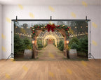 CHRISTMAS LIGHT TUNNEL WITH FESTIVE WOODEN GATE BACKDROP FOR HOLIDAY PHOTOGRAPHY