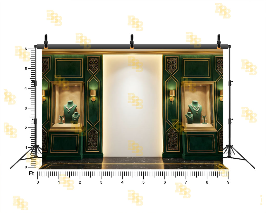 LUXURY EMERALD JEWELLERY SHOWROOM WALL BACKDROP FOR FASHION & PRODUCT PHOTOGRAPHY