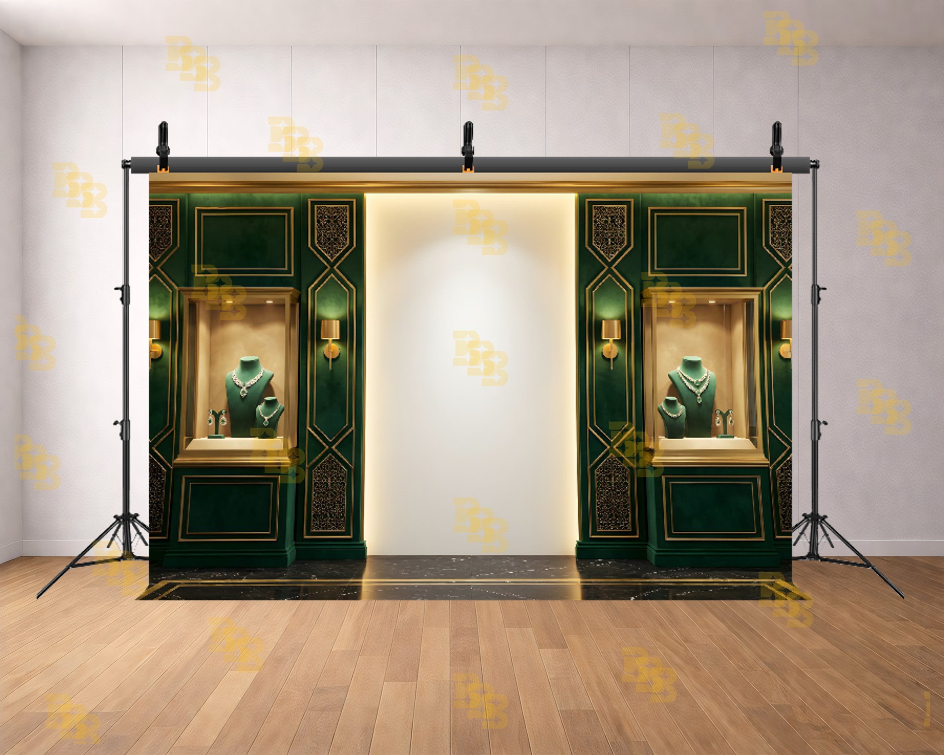 LUXURY EMERALD JEWELLERY SHOWROOM WALL BACKDROP FOR FASHION & PRODUCT PHOTOGRAPHY