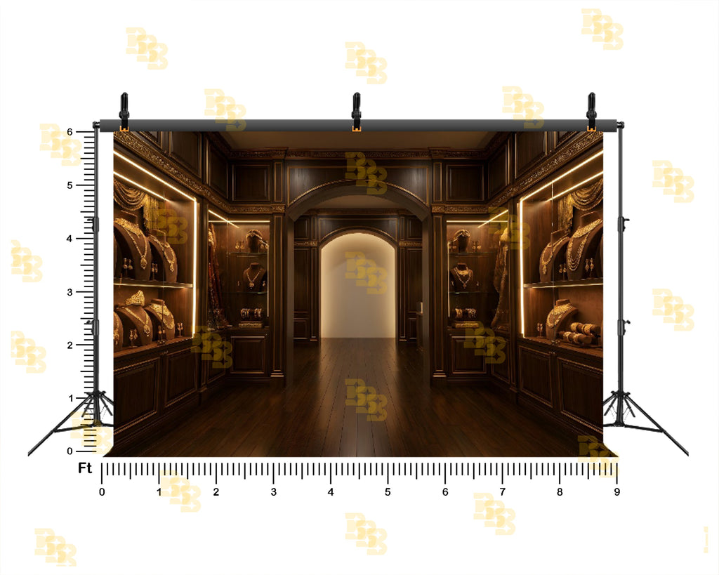 LUXURY WOODEN JEWELLERY SHOWROOM INTERIOR BACKDROP FOR FASHION & PRODUCT PHOTOGRAPHY