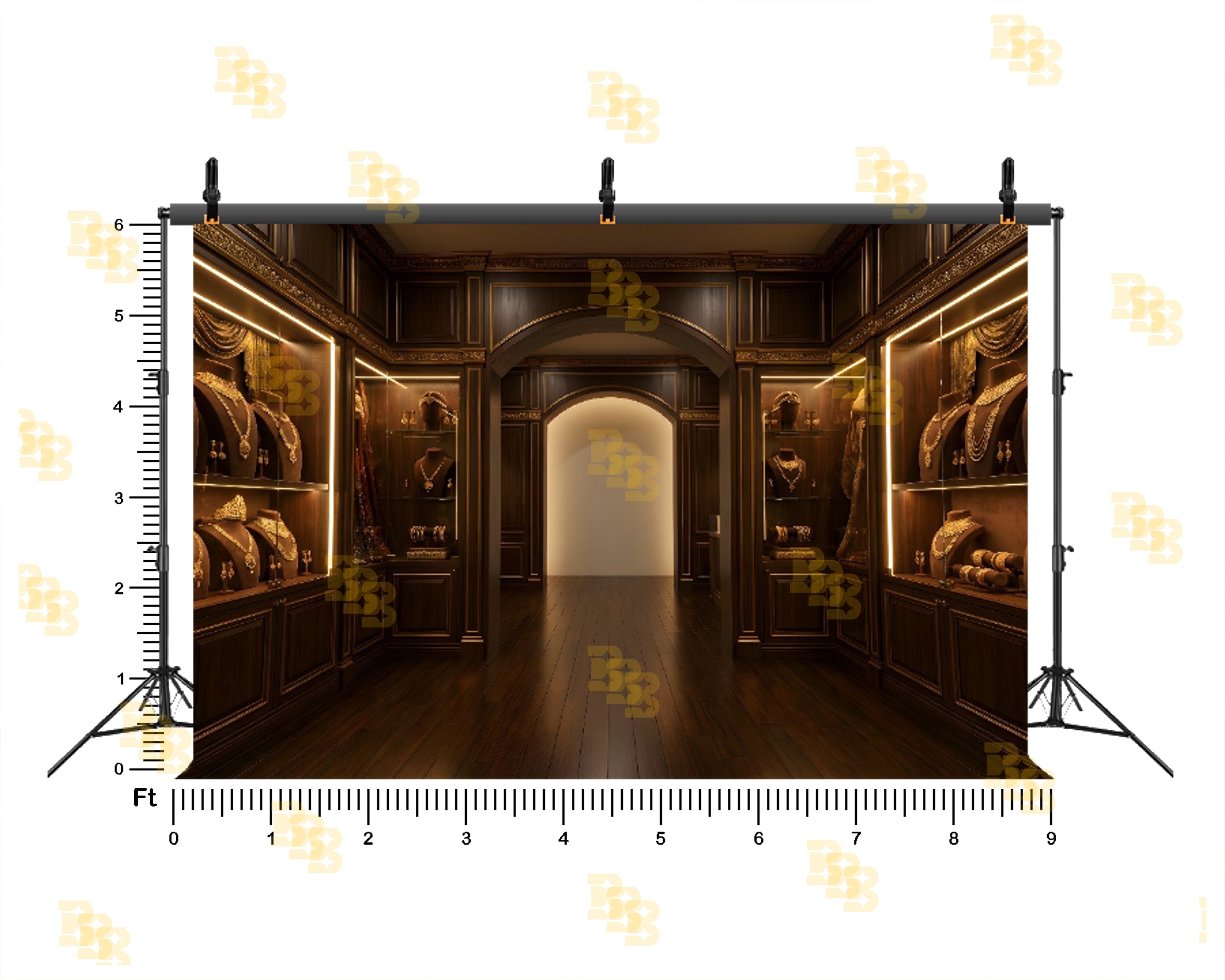 LUXURY WOODEN JEWELLERY SHOWROOM INTERIOR BACKDROP FOR FASHION & PRODUCT PHOTOGRAPHY