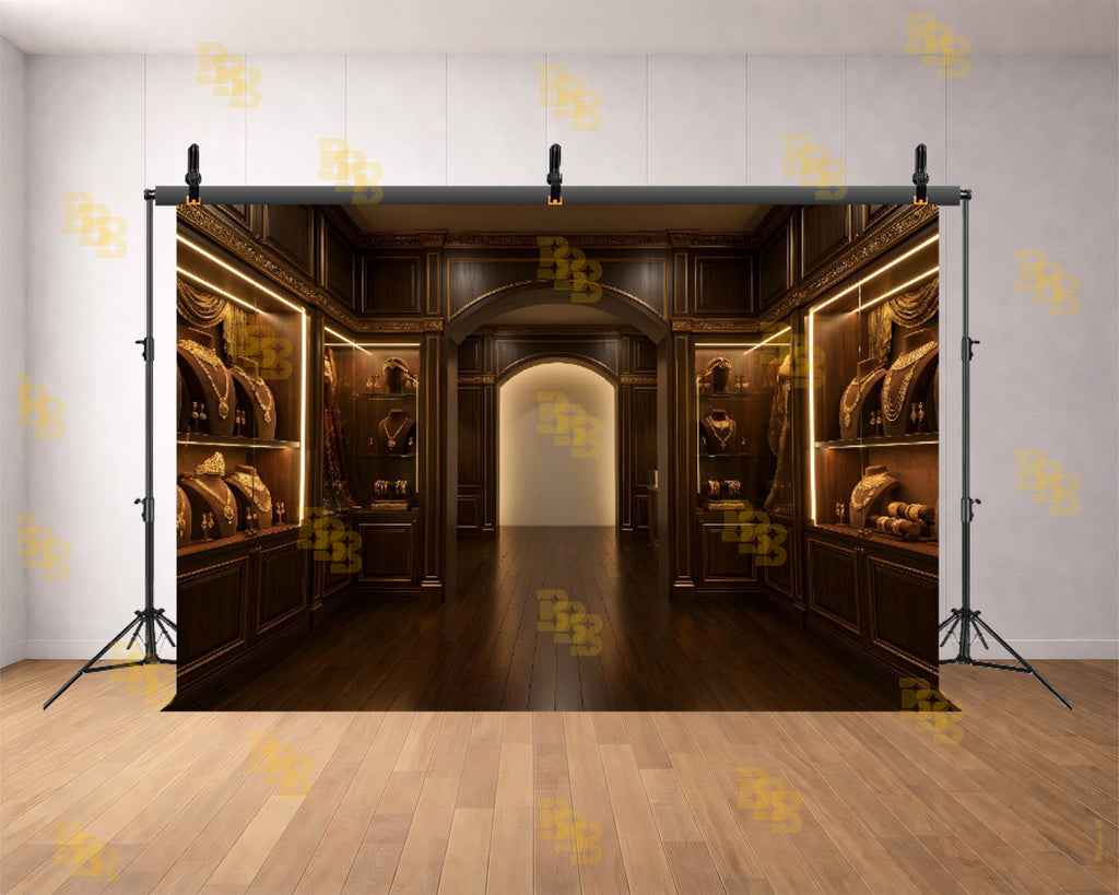 LUXURY WOODEN JEWELLERY SHOWROOM INTERIOR BACKDROP FOR FASHION & PRODUCT PHOTOGRAPHY