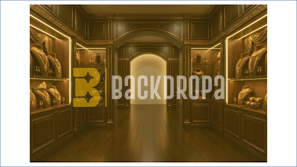 LUXURY WOODEN JEWELLERY SHOWROOM INTERIOR BACKDROP FOR FASHION & PRODUCT PHOTOGRAPHY