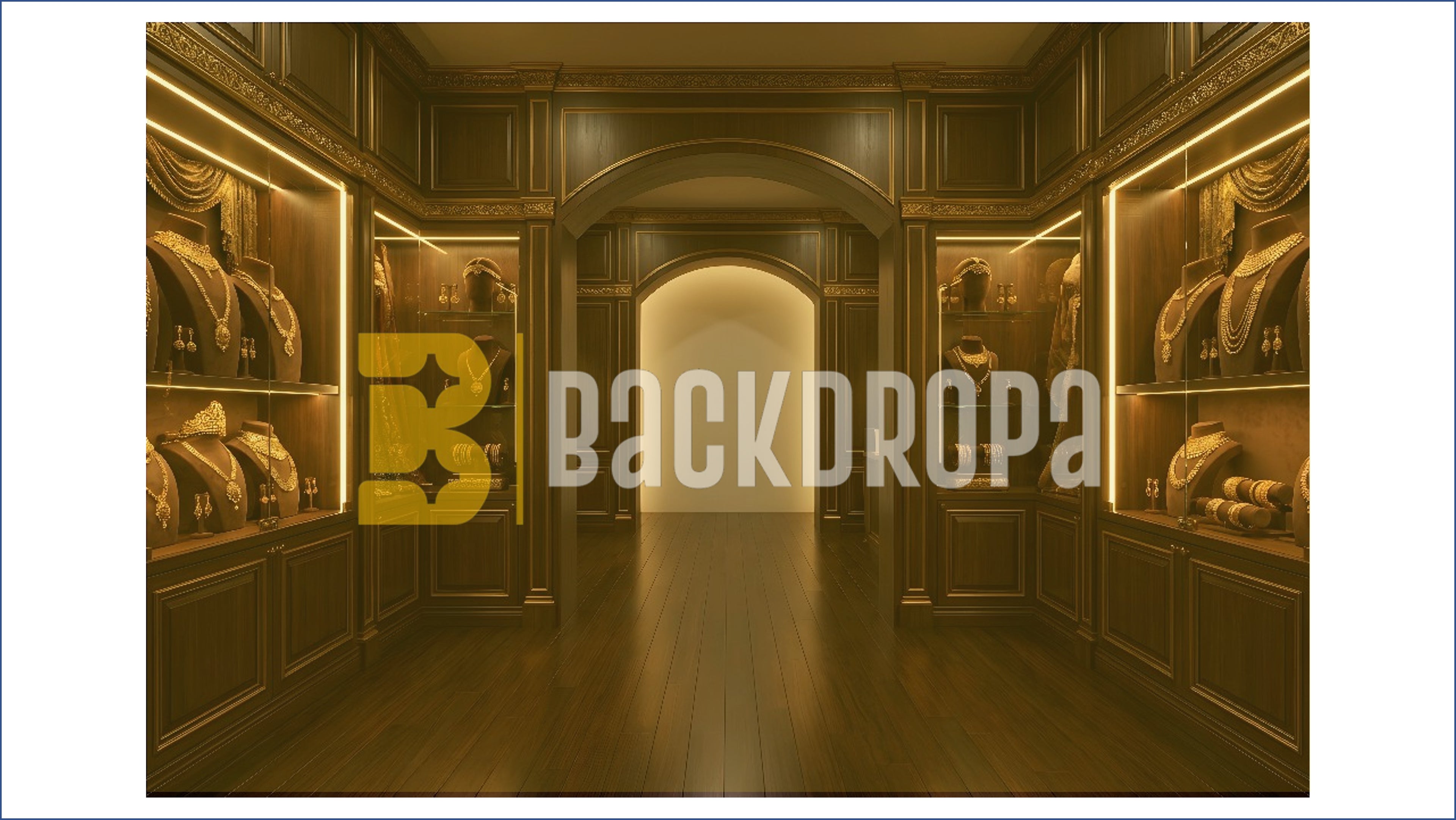 LUXURY WOODEN JEWELLERY SHOWROOM INTERIOR BACKDROP FOR FASHION & PRODUCT PHOTOGRAPHY