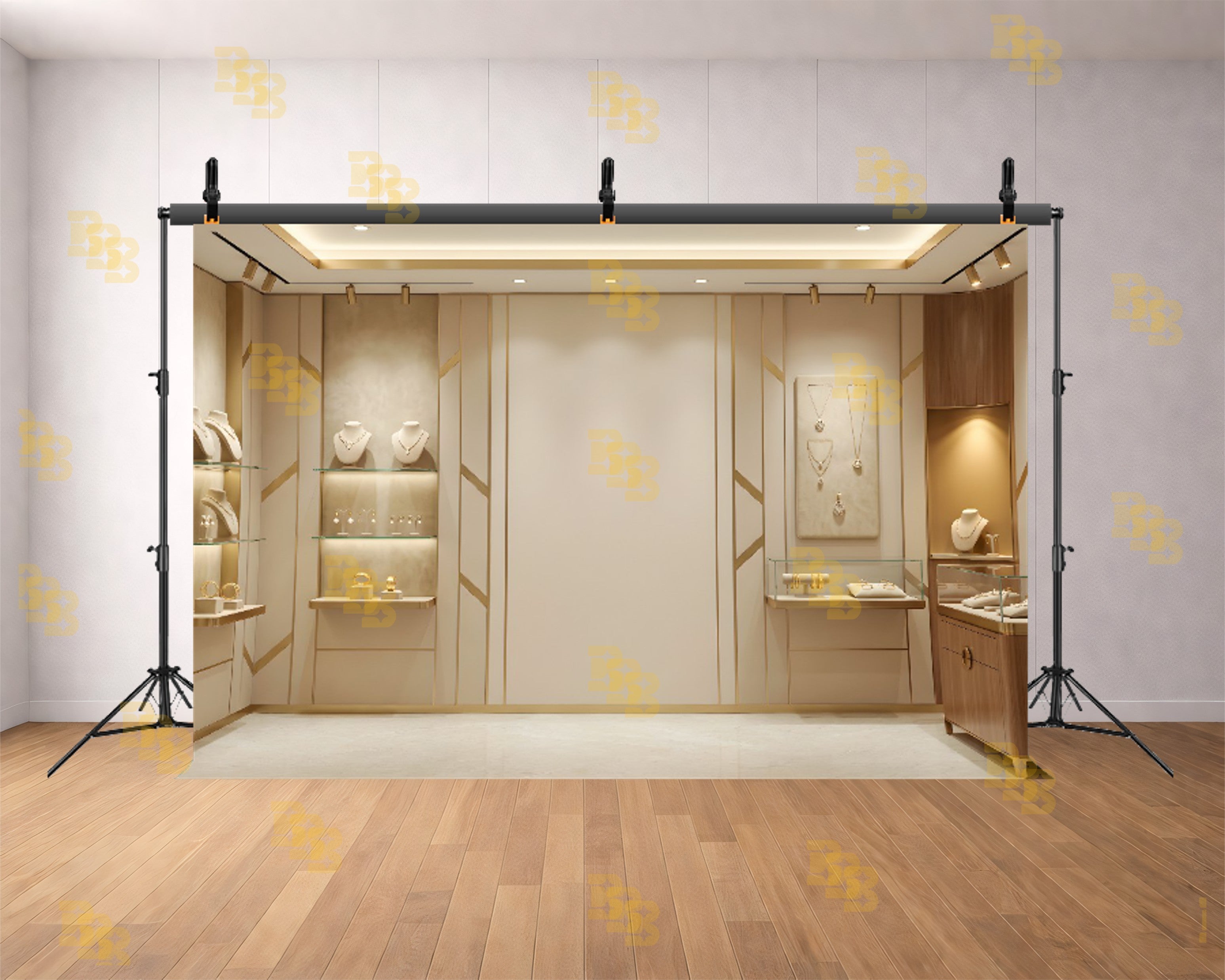 LUXURY CREAM JEWELLERY SHOWROOM INTERIOR BACKDROP FOR FASHION & PRODUCT PHOTOGRAPHY