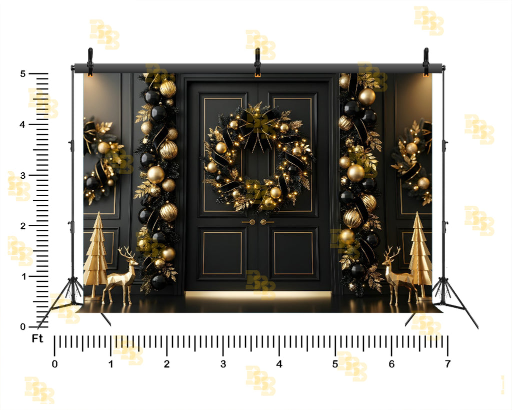 LUXURY BLACK & GOLD CHRISTMAS DOOR DECOR BACKDROP FOR FESTIVE PHOTOGRAPHY