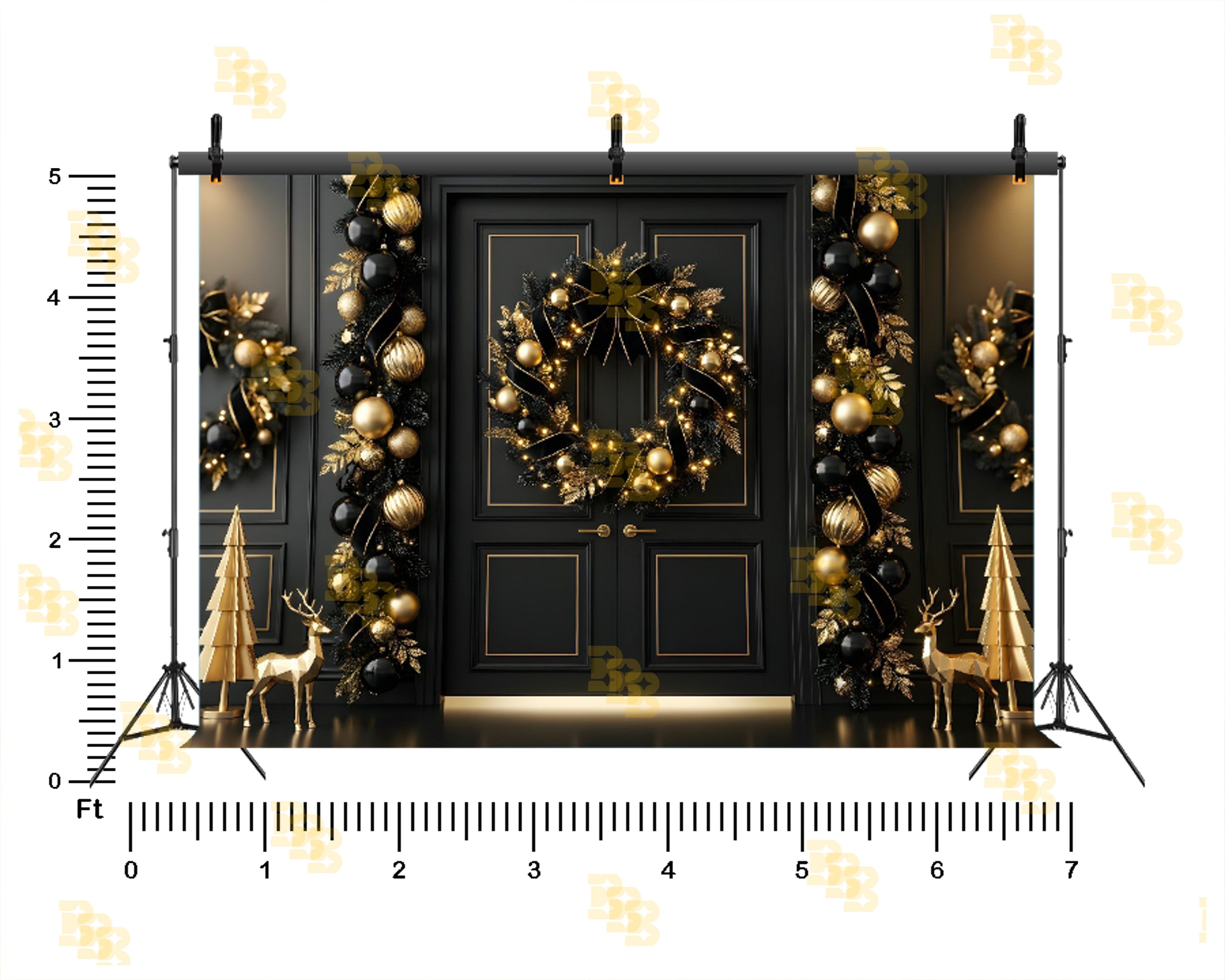 LUXURY BLACK & GOLD CHRISTMAS DOOR DECOR BACKDROP FOR FESTIVE PHOTOGRAPHY