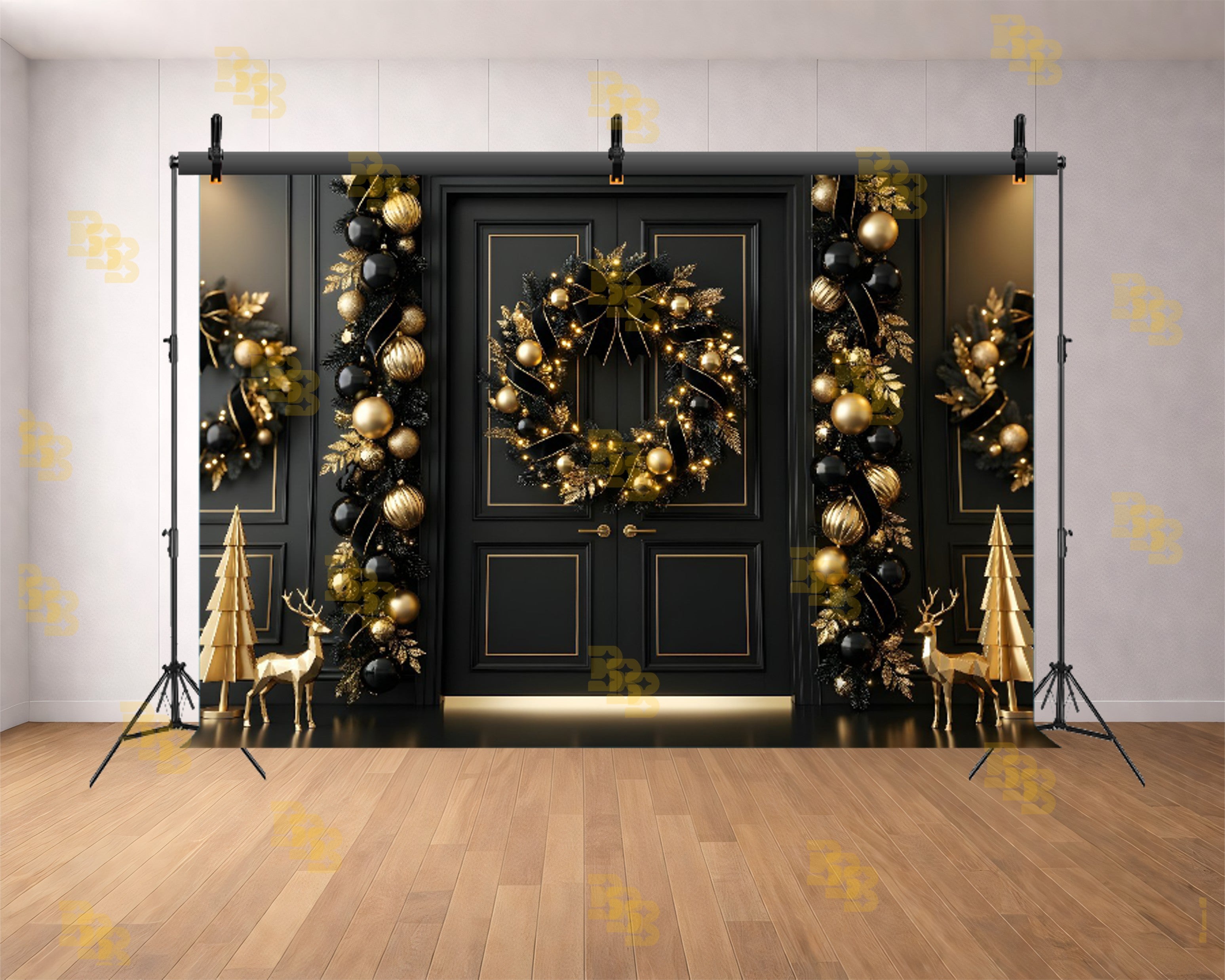 LUXURY BLACK & GOLD CHRISTMAS DOOR DECOR BACKDROP FOR FESTIVE PHOTOGRAPHY