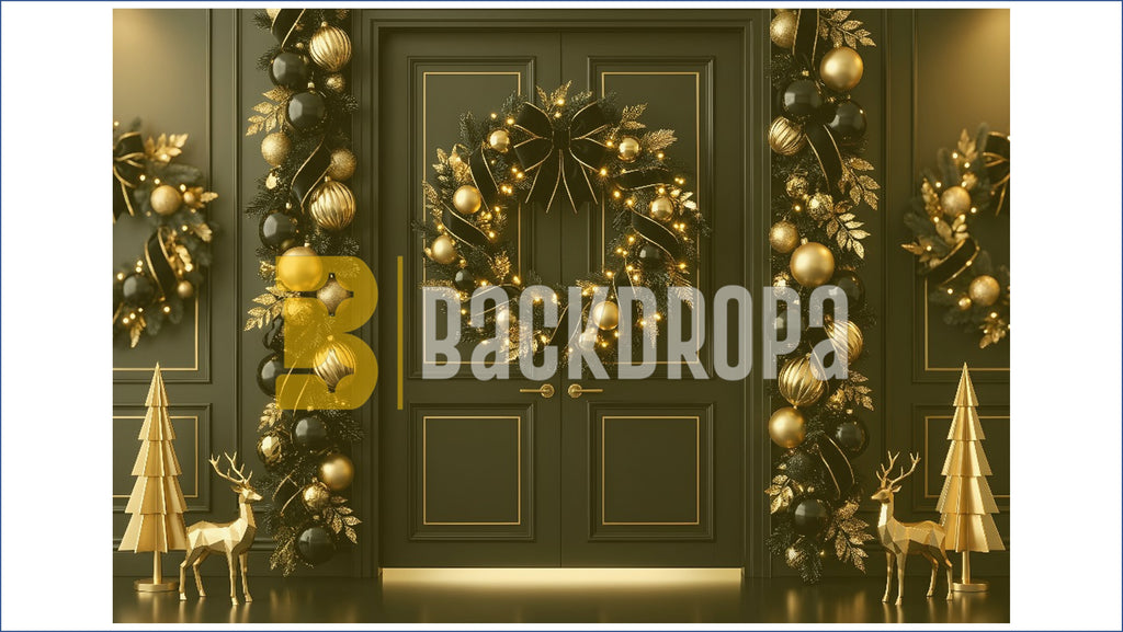 LUXURY BLACK & GOLD CHRISTMAS DOOR DECOR BACKDROP FOR FESTIVE PHOTOGRAPHY