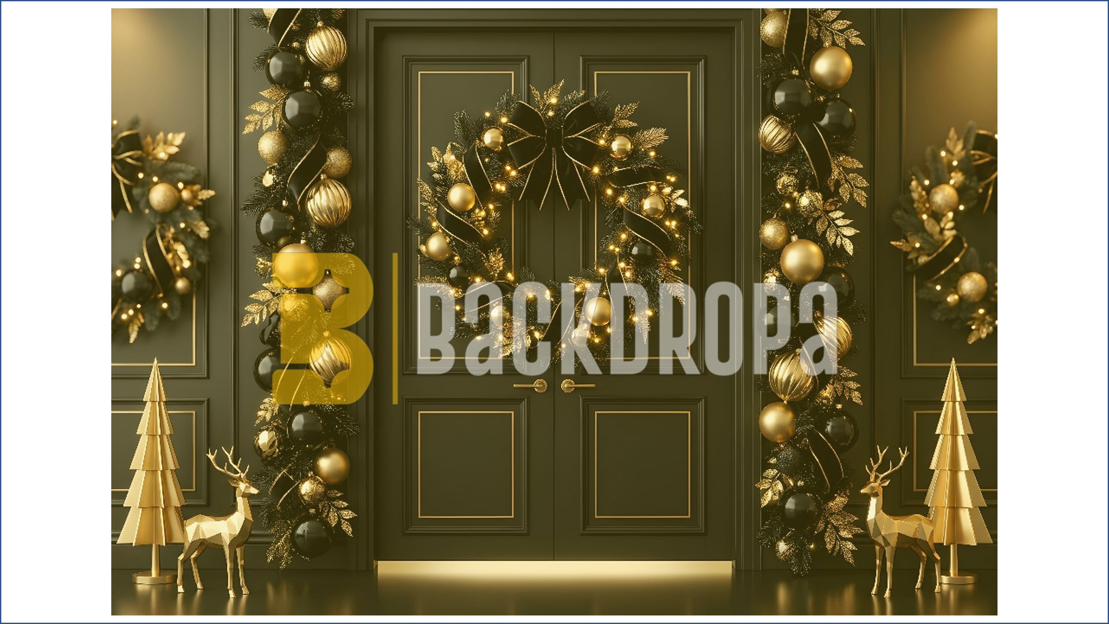 LUXURY BLACK & GOLD CHRISTMAS DOOR DECOR BACKDROP FOR FESTIVE PHOTOGRAPHY