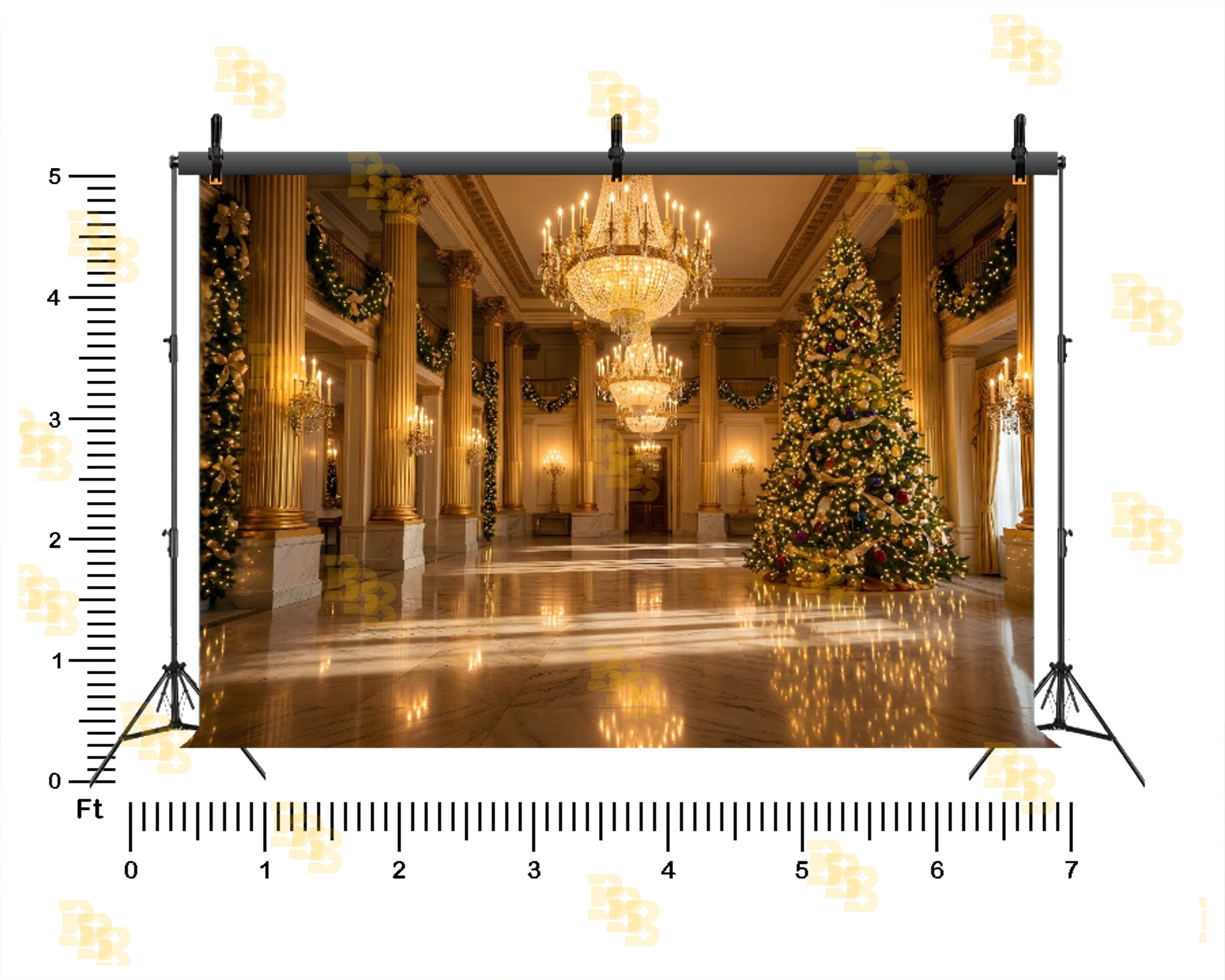 ROYAL CHRISTMAS PALACE HALL WITH GRAND TREE BACKDROP FOR FESTIVE PHOTOGRAPHY