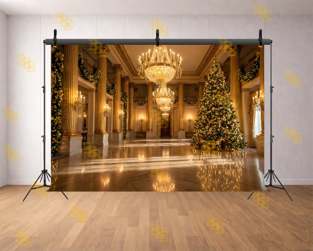 ROYAL CHRISTMAS PALACE HALL WITH GRAND TREE BACKDROP FOR FESTIVE PHOTOGRAPHY