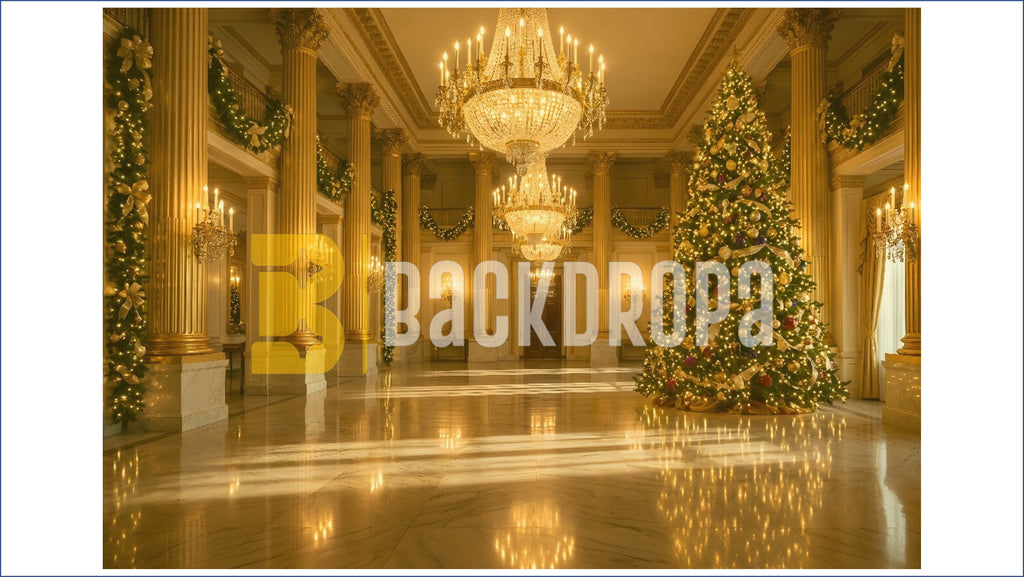 ROYAL CHRISTMAS PALACE HALL WITH GRAND TREE BACKDROP FOR FESTIVE PHOTOGRAPHY