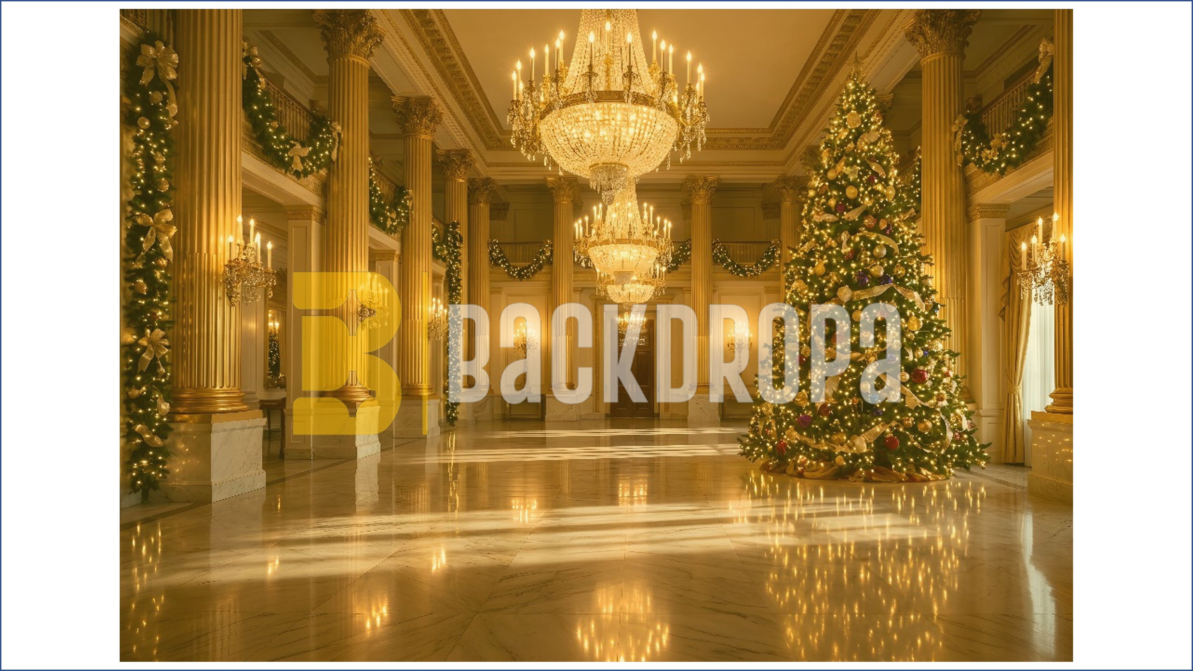 ROYAL CHRISTMAS PALACE HALL WITH GRAND TREE BACKDROP FOR FESTIVE PHOTOGRAPHY