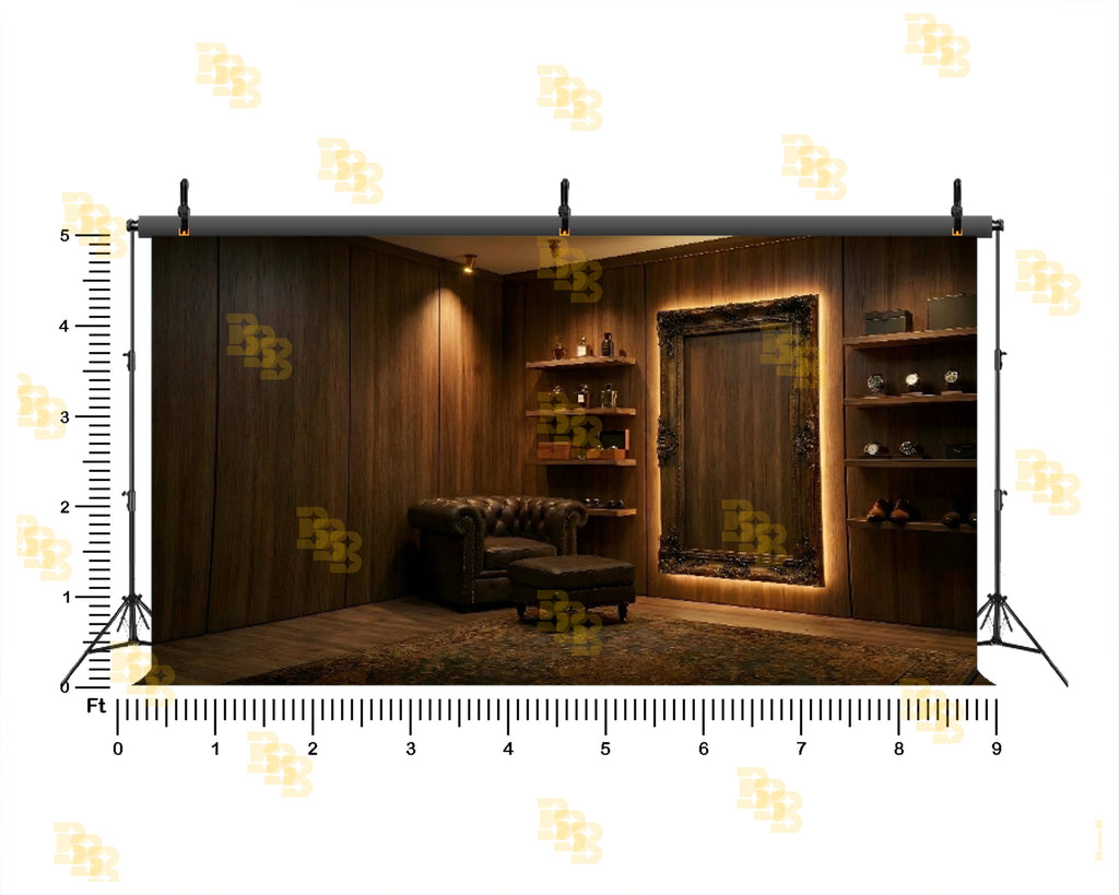 LUXURY WOODEN LOUNGE ROOM WITH VINTAGE FRAME BACKDROP FOR GROOM & FASHION PHOTOGRAPHY