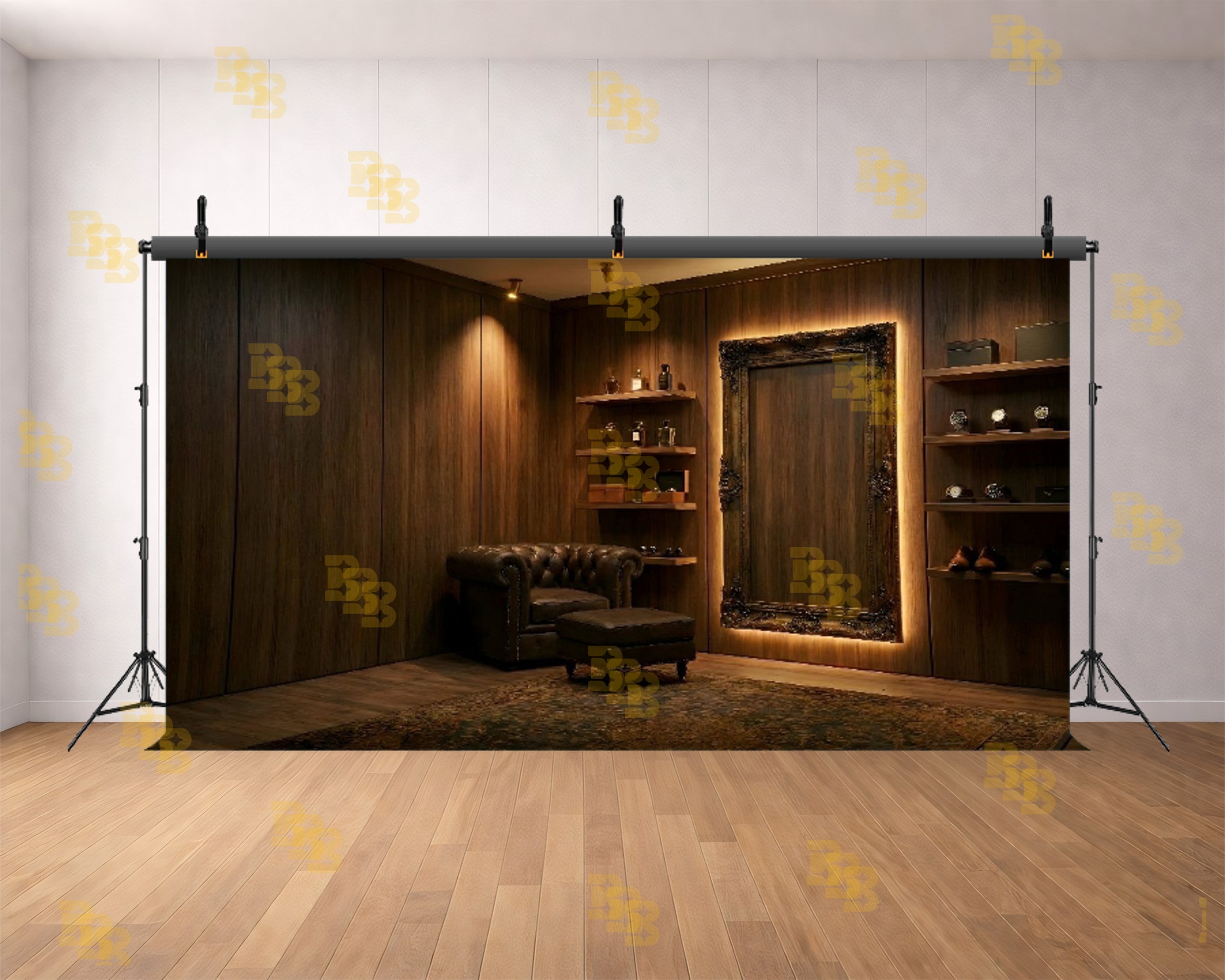 LUXURY WOODEN LOUNGE ROOM WITH VINTAGE FRAME BACKDROP FOR GROOM & FASHION PHOTOGRAPHY