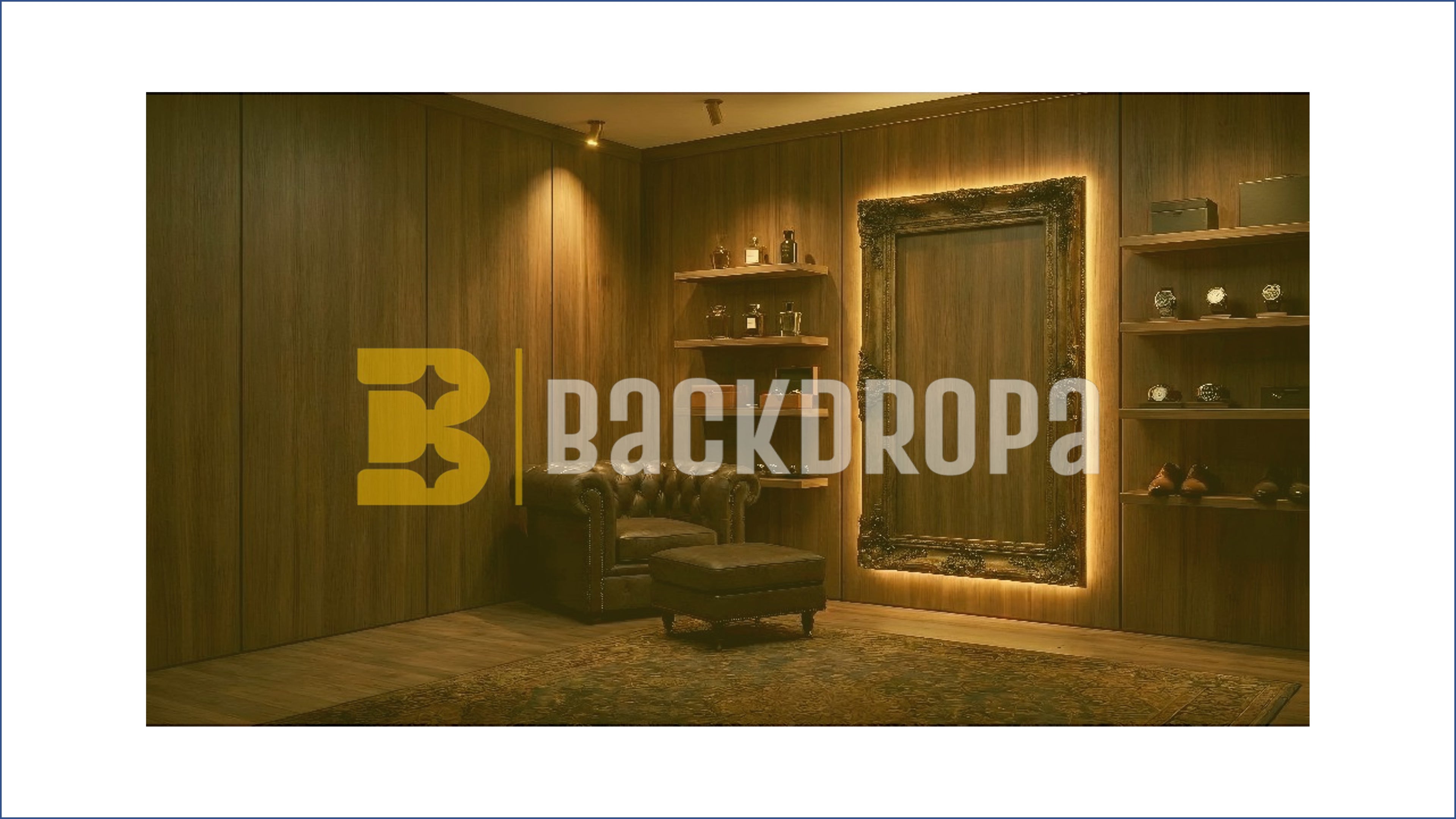 LUXURY WOODEN LOUNGE ROOM WITH VINTAGE FRAME BACKDROP FOR GROOM & FASHION PHOTOGRAPHY
