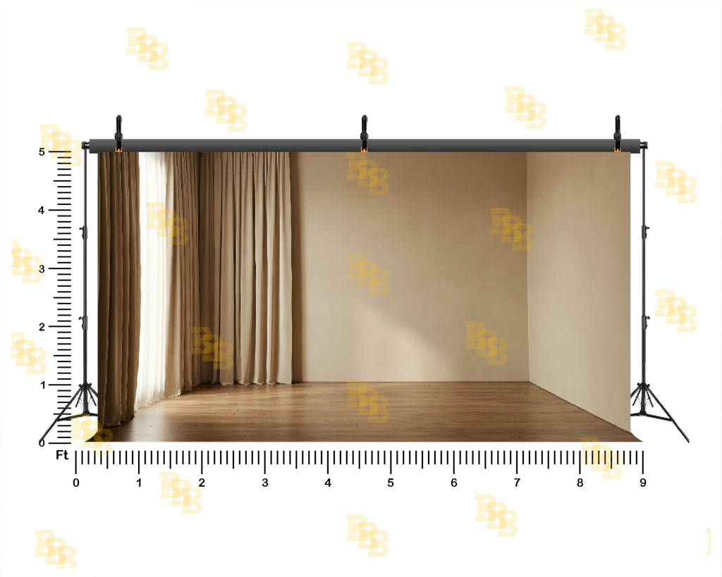 MINIMAL BEIGE CURTAIN ROOM INTERIOR BACKDROP FOR PORTRAIT & PRODUCT PHOTOGRAPHY