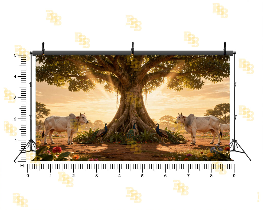 SACRED BANYAN TREE WITH COWS & PEACOCKS BACKDROP FOR TRADITIONAL PHOTOGRAPHY