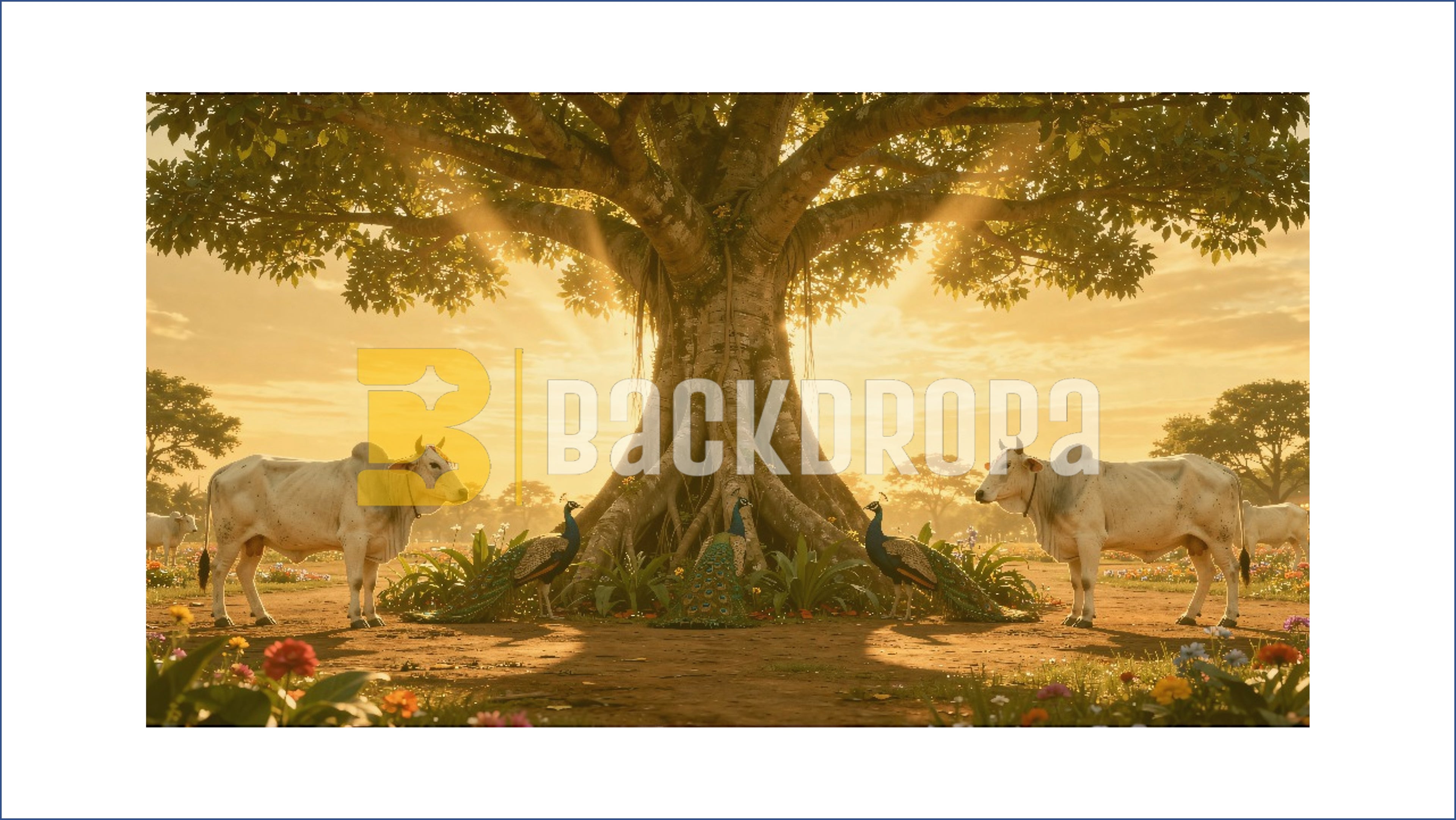 SACRED BANYAN TREE WITH COWS & PEACOCKS BACKDROP FOR TRADITIONAL PHOTOGRAPHY