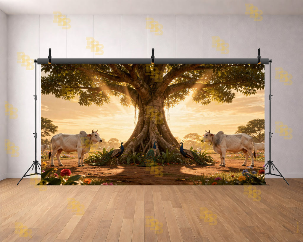 SACRED BANYAN TREE WITH COWS & PEACOCKS BACKDROP FOR TRADITIONAL PHOTOGRAPHY