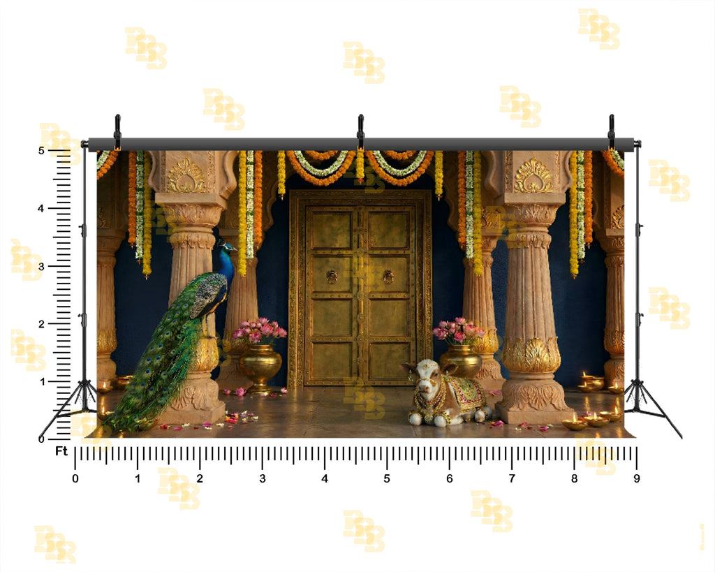 ROYAL TEMPLE DOOR WITH PEACOCK & SACRED COW BACKDROP FOR TRADITIONAL PHOTOGRAPHY