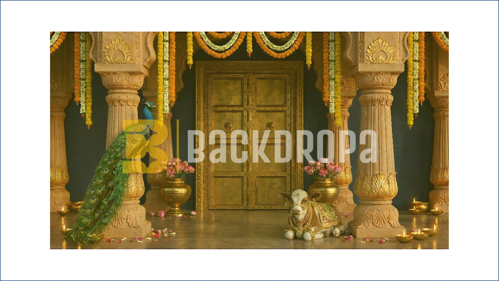 ROYAL TEMPLE DOOR WITH PEACOCK & SACRED COW BACKDROP FOR TRADITIONAL PHOTOGRAPHY