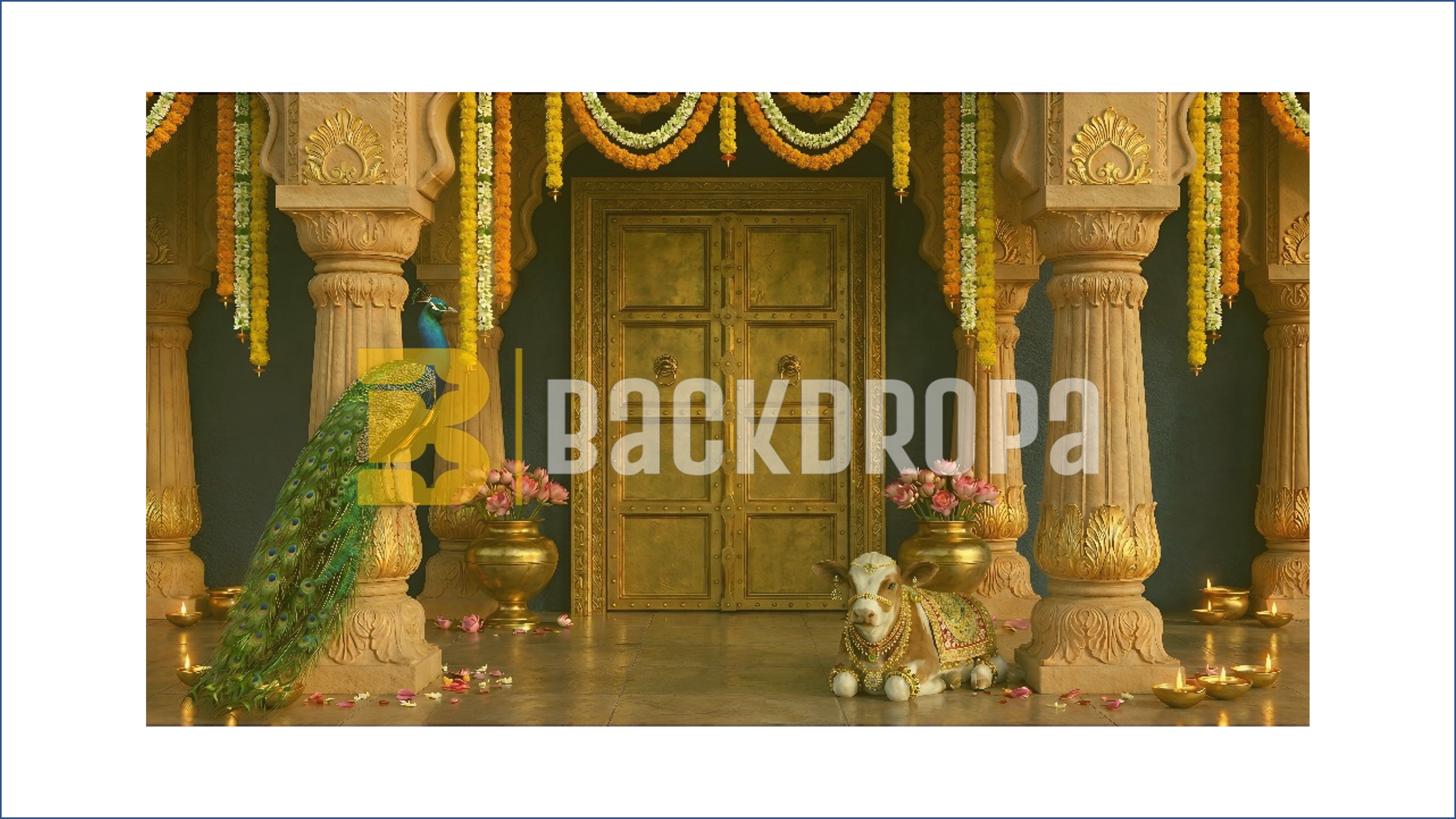 ROYAL TEMPLE DOOR WITH PEACOCK & SACRED COW BACKDROP FOR TRADITIONAL PHOTOGRAPHY