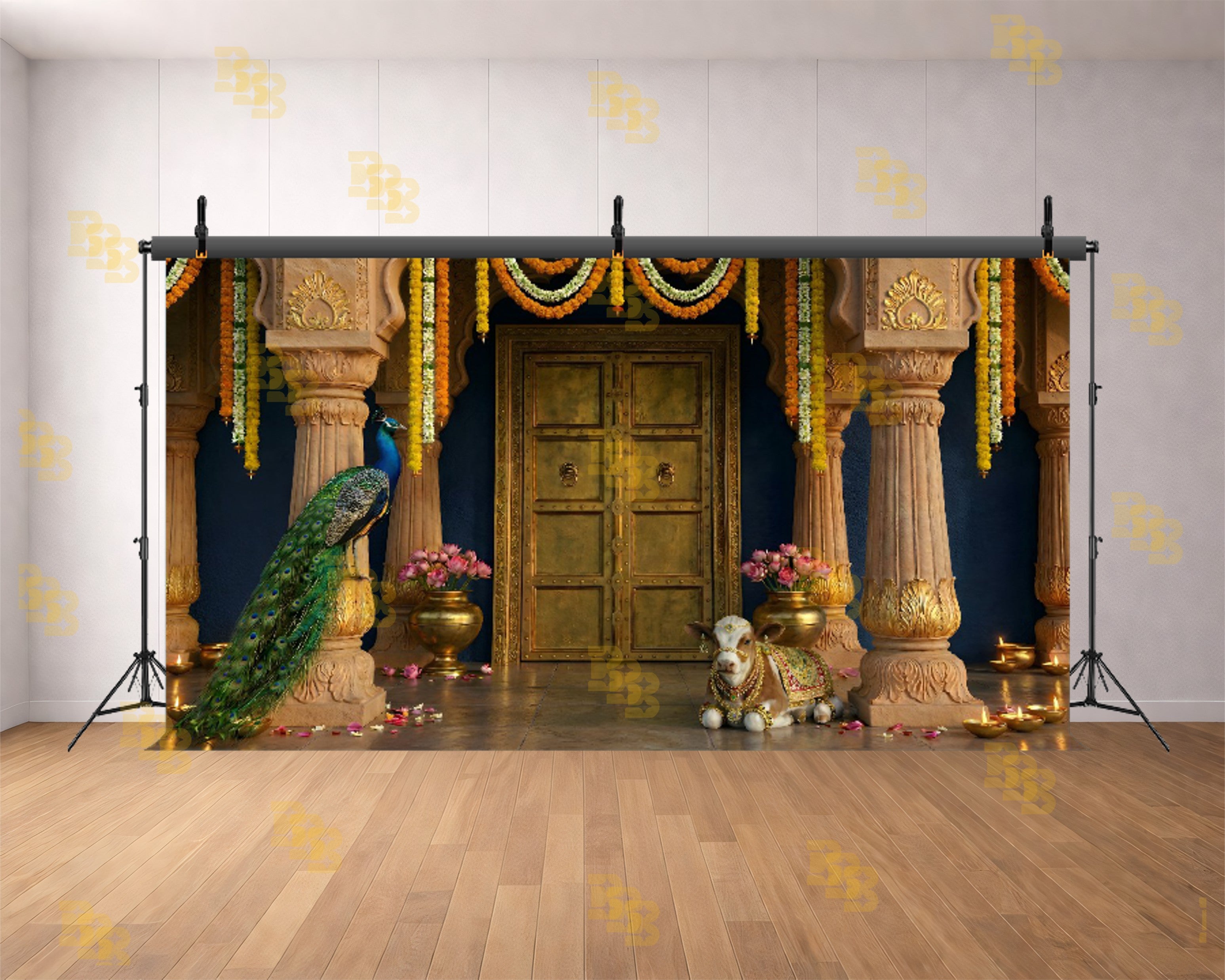 ROYAL TEMPLE DOOR WITH PEACOCK & SACRED COW BACKDROP FOR TRADITIONAL PHOTOGRAPHY