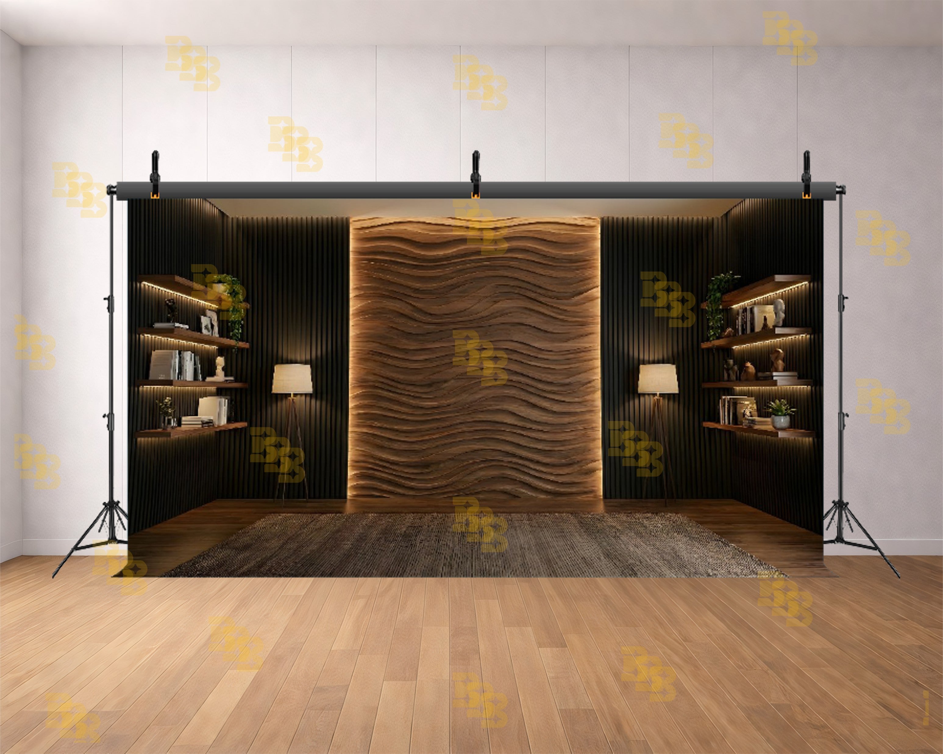 MODERN WAVE WOODEN WALL INTERIOR BACKDROP FOR PODCAST & LUXURY PHOTOGRAPHY