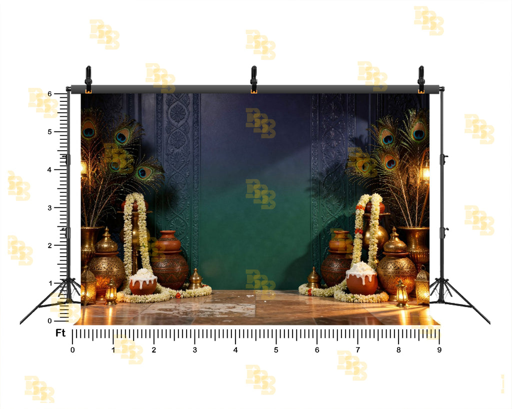 TRADITIONAL PEACOCK FEATHER & JANMASTHAMI BACKDROP FOR FESTIVAL PHOTOGRAPHY