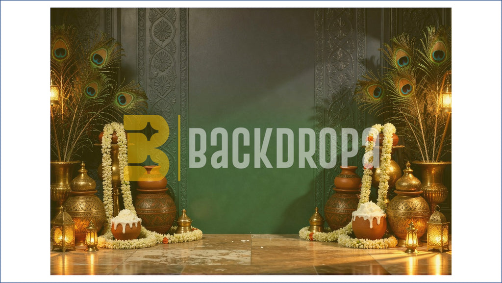 TRADITIONAL PEACOCK FEATHER & JANMASTHAMI BACKDROP FOR FESTIVAL PHOTOGRAPHY