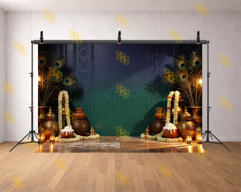 TRADITIONAL PEACOCK FEATHER & JANMASTHAMI BACKDROP FOR FESTIVAL PHOTOGRAPHY