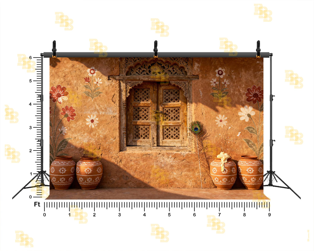 RUSTIC VILLAGE WINDOW WITH HANDPAINTED POT DECOR BACKDROP FOR TRADITIONAL PHOTOGRAPHY