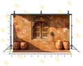 RUSTIC VILLAGE WINDOW WITH HANDPAINTED POT DECOR BACKDROP FOR TRADITIONAL PHOTOGRAPHY