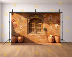 RUSTIC VILLAGE WINDOW WITH HANDPAINTED POT DECOR BACKDROP FOR TRADITIONAL PHOTOGRAPHY