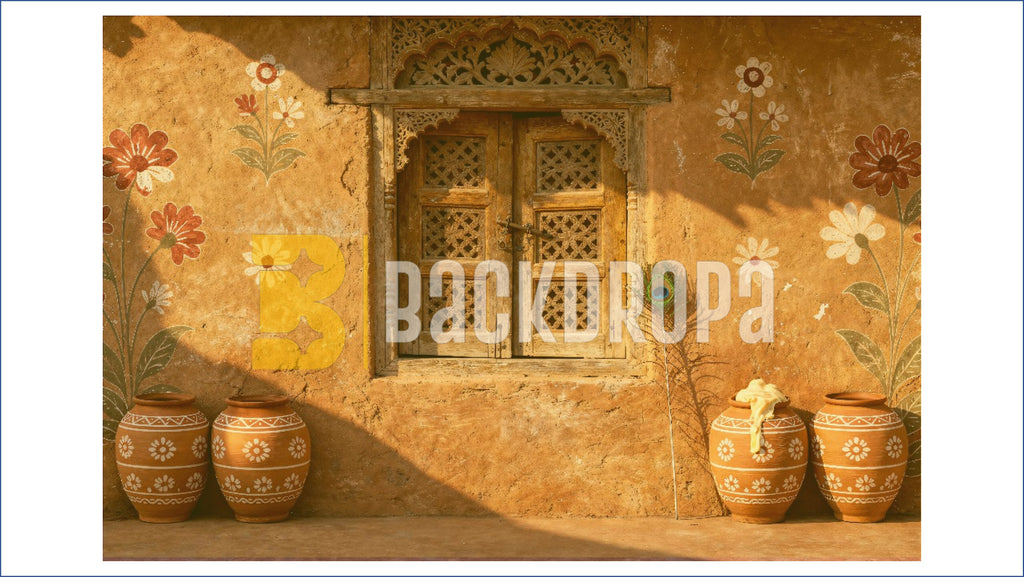 RUSTIC VILLAGE WINDOW WITH HANDPAINTED POT DECOR BACKDROP FOR TRADITIONAL PHOTOGRAPHY
