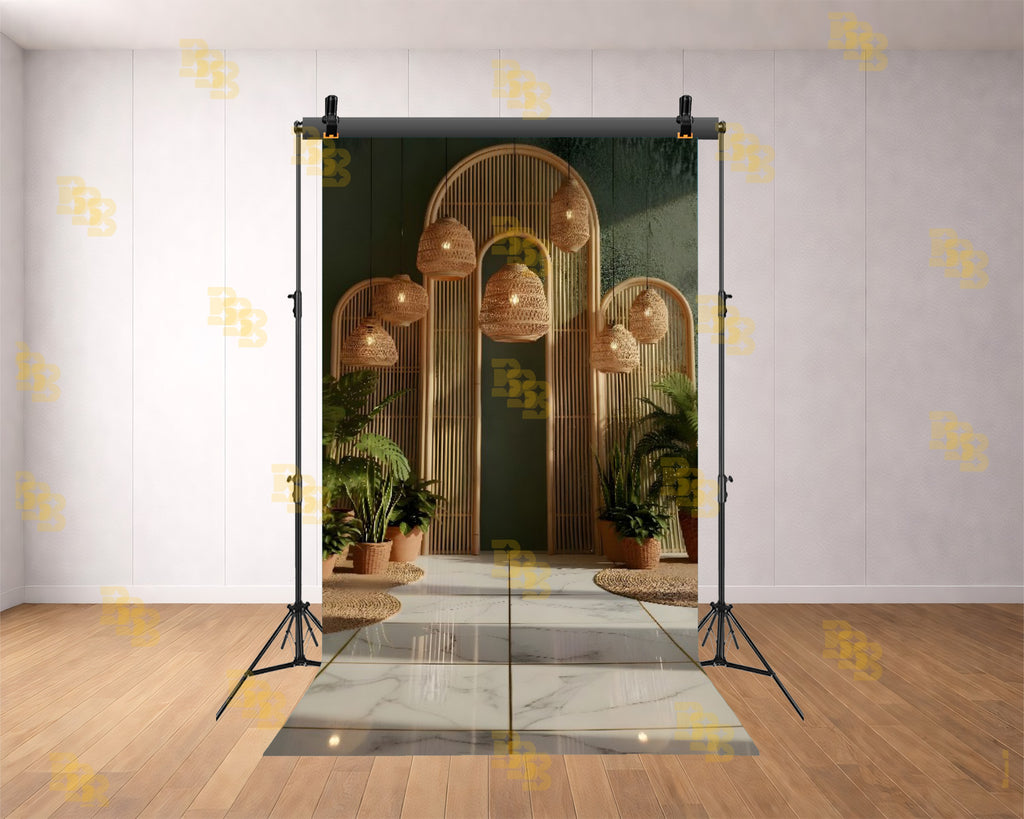 BOHO TROPICAL ARCH WITH RATTAN LIGHTS BACKDROP FOR LIFESTYLE & PORTRAIT PHOTOGRAPHY